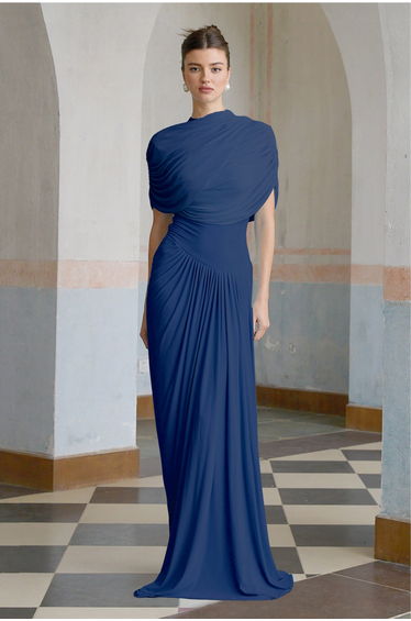 Catherine asymmetrical pleated maxi dress in Navy-blue