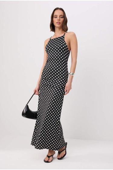 Black Polka Dot Fitted Halter Neck Shirred Midi Soft Knitted Dress