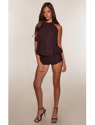 Brown Lace Halter Neck Puffball Top Co-ord - 2
