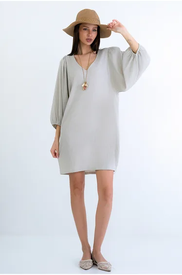 Women's Beige V-Neck Princess Sleeve Wrap Mini Dress
