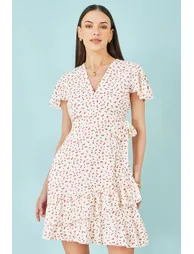 Yumi White Ditsy Print Frill Wrap Dress - 2