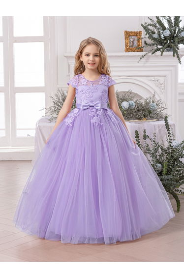 Girl Floral Lace Bow Detail Mesh Maxi Party Dress