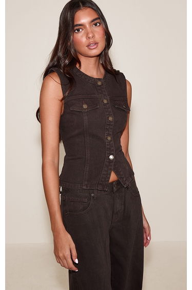 Dark Chocolate Collarless Button Up Denim Waistcoat