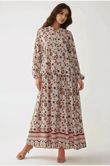 Printed V-Neck Maxi Dress with Buttons