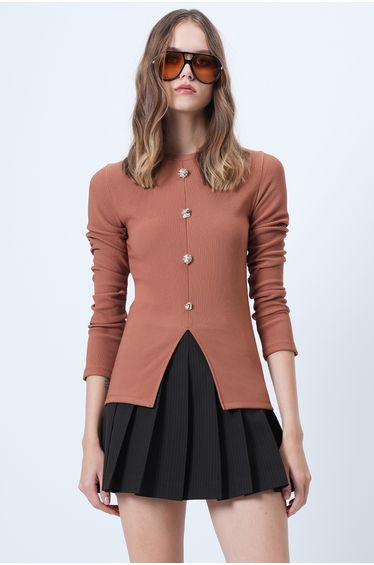 Women's Bitter Brown Crew Neck Slit Front Button Detail Ottoban Blouse