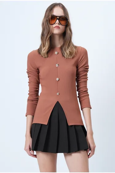 Women's Bitter Brown Crew Neck Slit Front Button Detail Ottoban Blouse