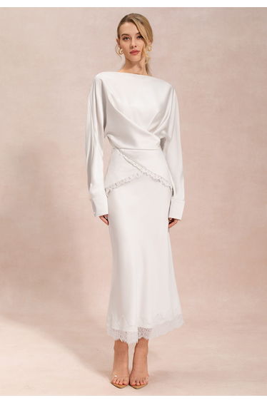 Silky Scalloped Lace Trim Satin Maxi Skirt in White for Office Styling & Weekend Outings