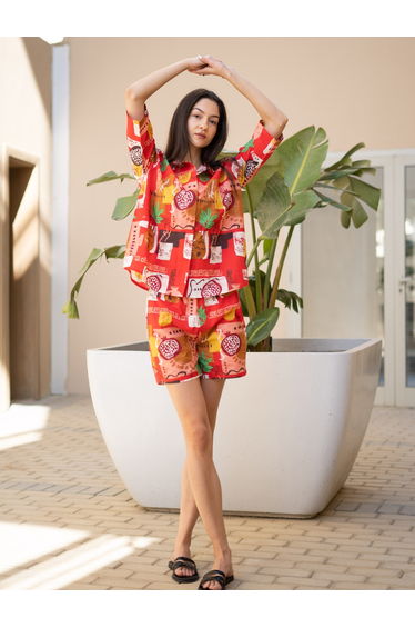 Red Graphic Print Cotton Shirt and Shorts Set