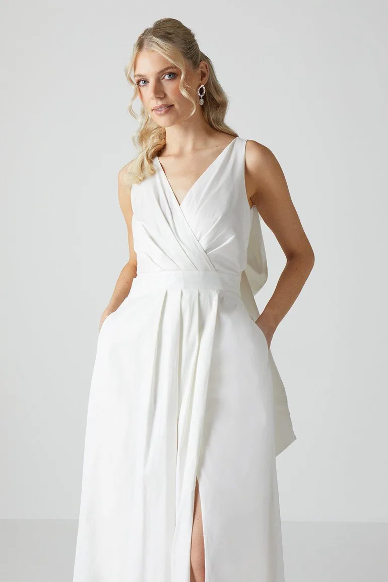 Wrap Front Full Skirted Wedding Dress With Taffeta Bow - 1