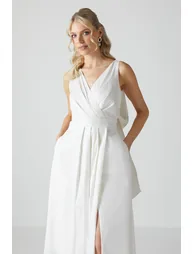 Wrap Front Full Skirted Wedding Dress With Taffeta Bow - 1