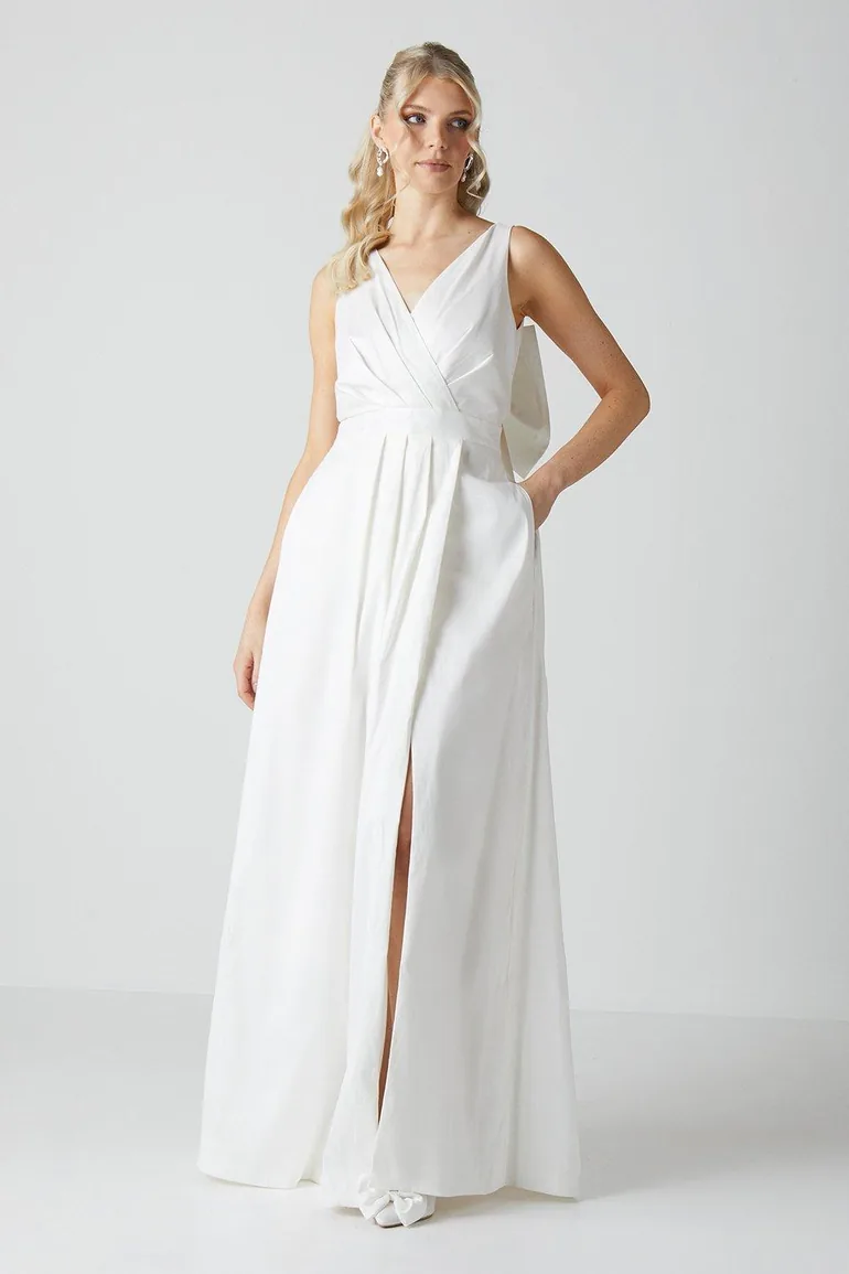 Wrap Front Full Skirted Wedding Dress With Taffeta Bow