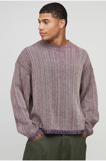 Oversized Boxy Ribbed Mixed Yarn Knitted Jumper - red