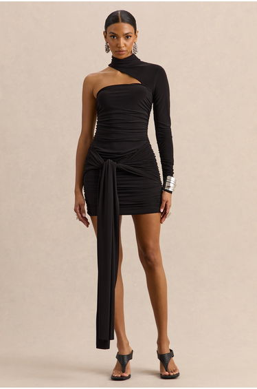 Irissia | Black Asymmetric-Neck Mini Dress With Knot And Sash Detail