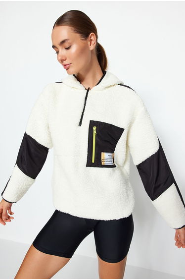 Ecru Color Blocked Fleece and Parachute Fabric Detailed Wide Pattern Knitted Sports Hoodie