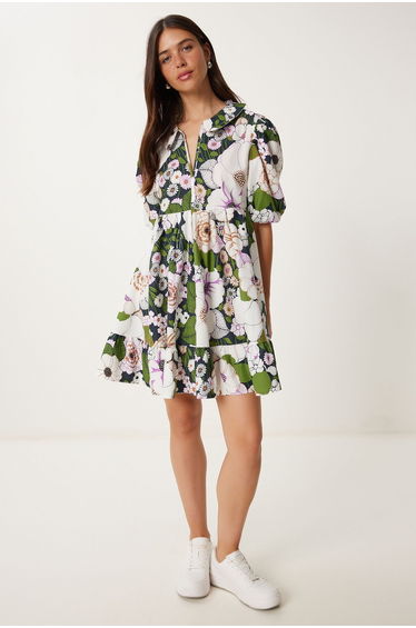 Women's Green White Floral Flounced Summer Mini Woven Dress