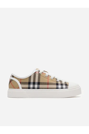 Burberry Kids Check Cotton Canvas Trainers in Beige