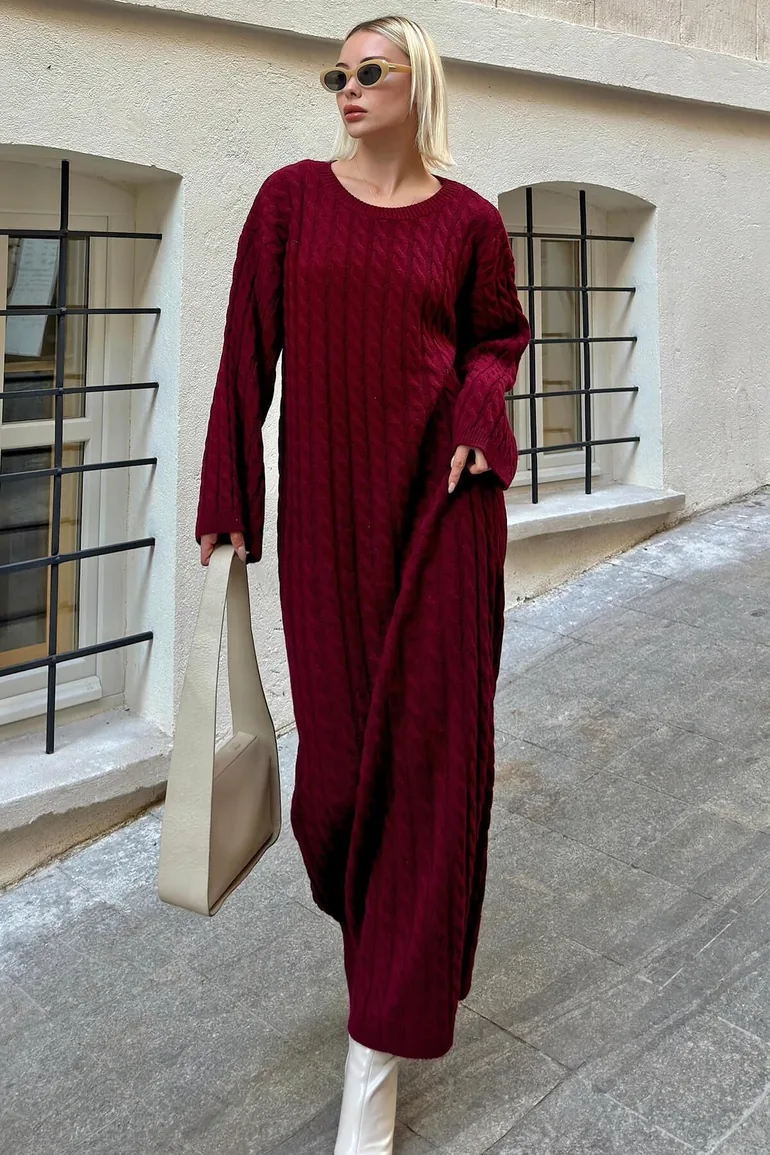 knitwear midi dress Aggel Luxe Two-Tone just add leather boots and longline coats Claret Red Crew Neck Hair