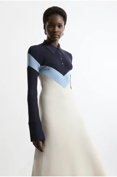 Viscose Blend Rib Knit Polo Top Midaxi Dress