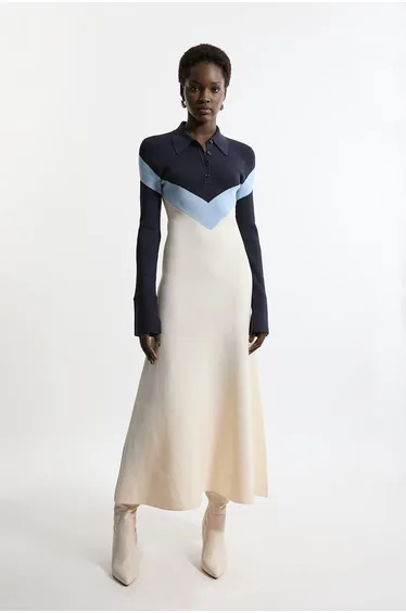 Viscose Blend Rib Knit Polo Top Midaxi Dress