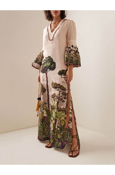 Flared Sleeves Loose Leaves Print V-Neck Maxi Dresses