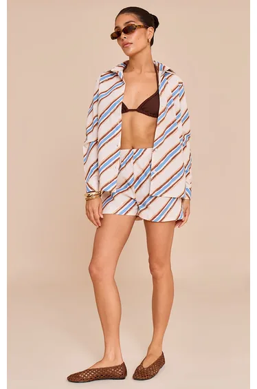 Petite Blue Stripe Linen Look High Rise Shorts