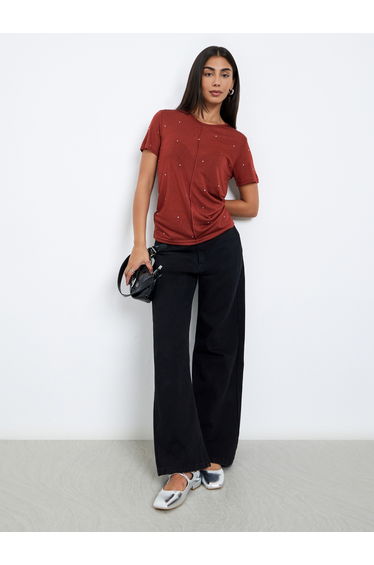 Rust Embellished Short Sleeve T-Shirt