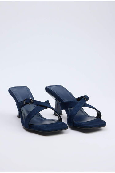 Navy Blue Gold Buckle Square Toe Women's 7 cm Heeled Slippers