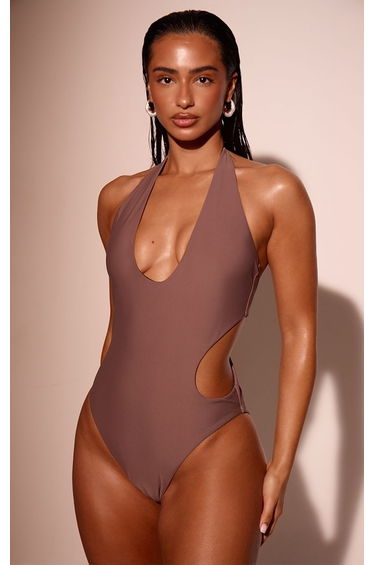 Brown Cut Out Plunge Swimsuit