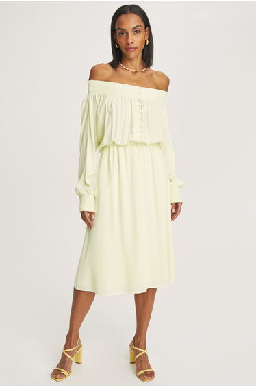 Olivia Regular Fit Boat Neck Below Knee Lemon Color Dress