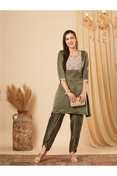 Sequined Yoke Scalloped Sleeves Velvet Kurta and Dhoti Pants Co-Ords
