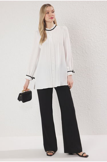 Ecru Piping Detail Satin Woven Shirt