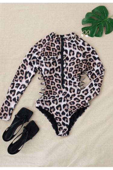Cheetah Print Long Sleeves Zipper One-Piece Swimsuit