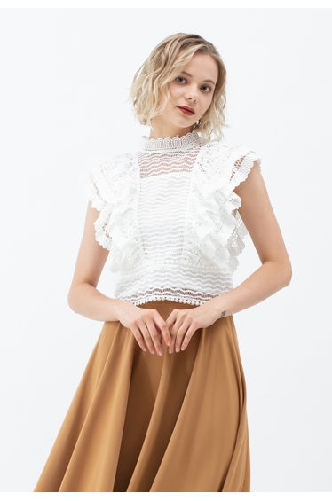 Tiered Ruffle Crochet Mock Neck Sleeveless Top in White