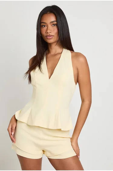 Halter Peplum Tailored Top - lemon