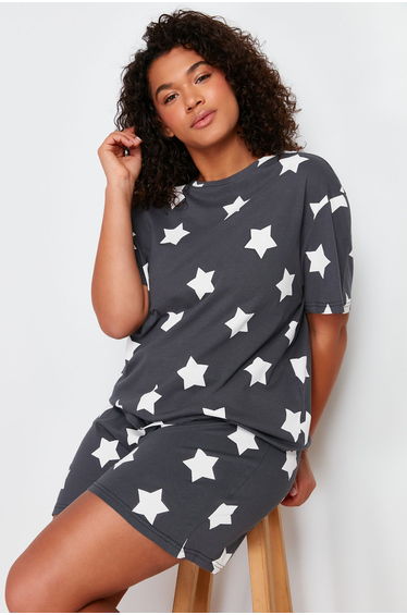 Anthracite Star Printed Knitted Pajamas Set