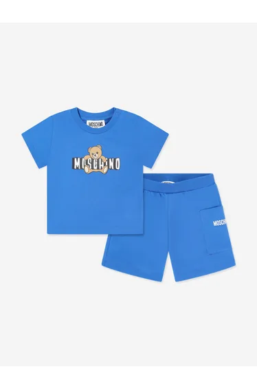 Moschino Baby Teddy Bear Logo Short Set in Blue