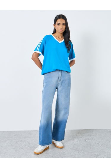 Blue Oversized V Neck T-Shirt
