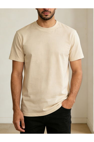 Men Beige Solid Round Neck T-Shirt