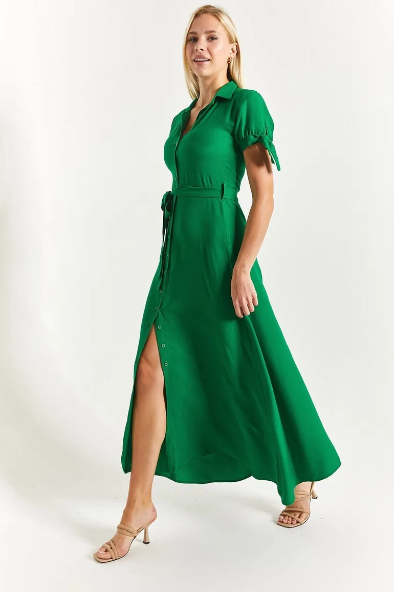 Women's Green Shirt Dress with Tie Sleeves and Belted Waist - 2