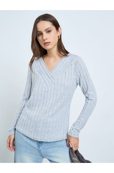 Grey Ribbed V-Neck Long Sleeve Top