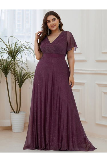 ever LIORÉ|Plus Size V Neck Ribbon Waist Formal Evening Dress With Sleeves