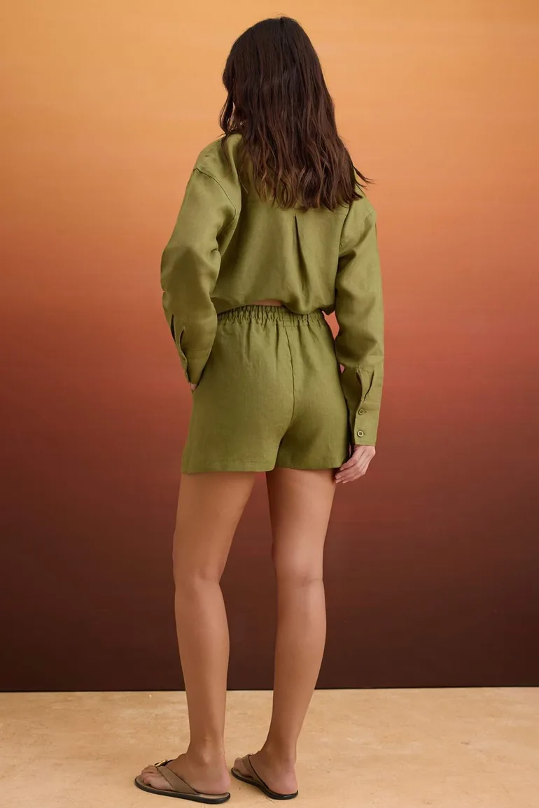 Khaki 100% Linen Elastic Waist High Waist Shorts - 3