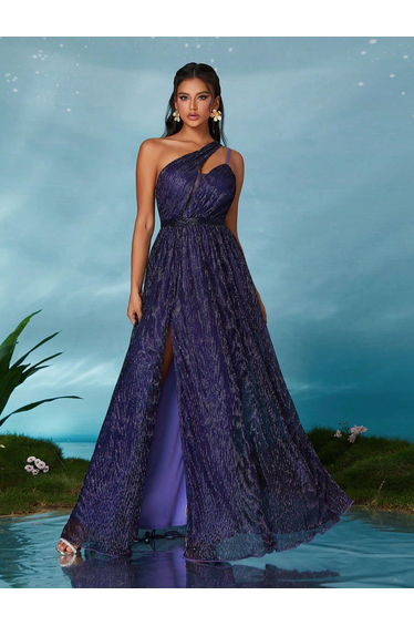 Leely Elegant One-Shoulder High Slit Sequin Evening Gown