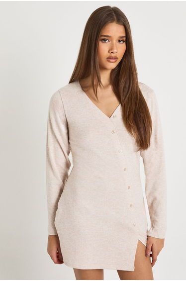Button Down Asymmetric Mini Dress - oatmeal