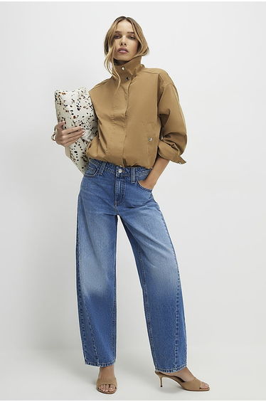 Beige Funnel Neck Bomber Jacket