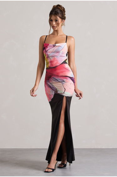 Kali | Black Floral Print Cowl-Neck Open-Back Split Dress