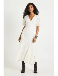 Burnout Floral Angel Sleeve Midaxi Dress - white