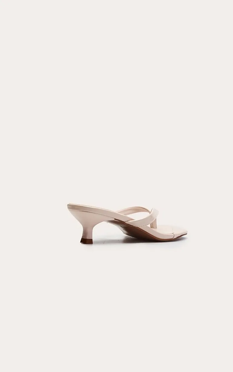 Beige Kitten Heel Toe Thong Mules - 3