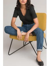 Linen V-Neck T-Shirt with Lace Details