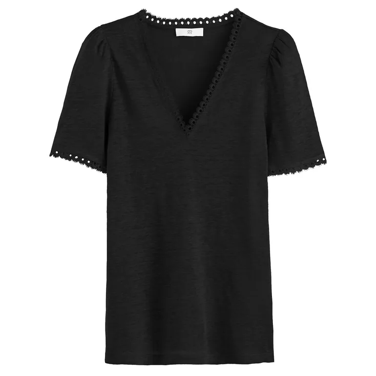 Linen V-Neck T-Shirt with Lace Details - 4